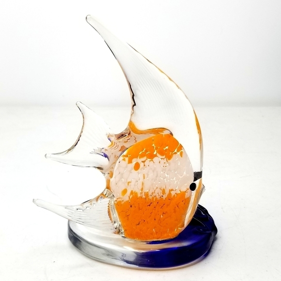 Art Glass Clear, Orange, White & Blue Angel Fish Tea Light Candle Holder - Picture 2 of 9